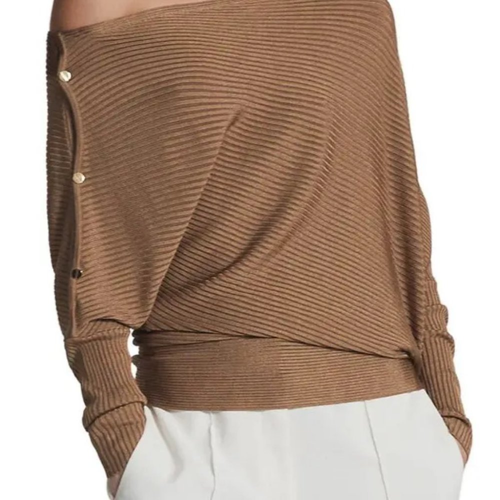Reiss Ribbed Off-Shoulder Camel Sweater